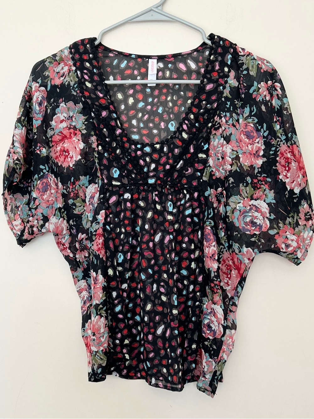 Women’s Black Floral V-Neck Blouse with Pink Accents